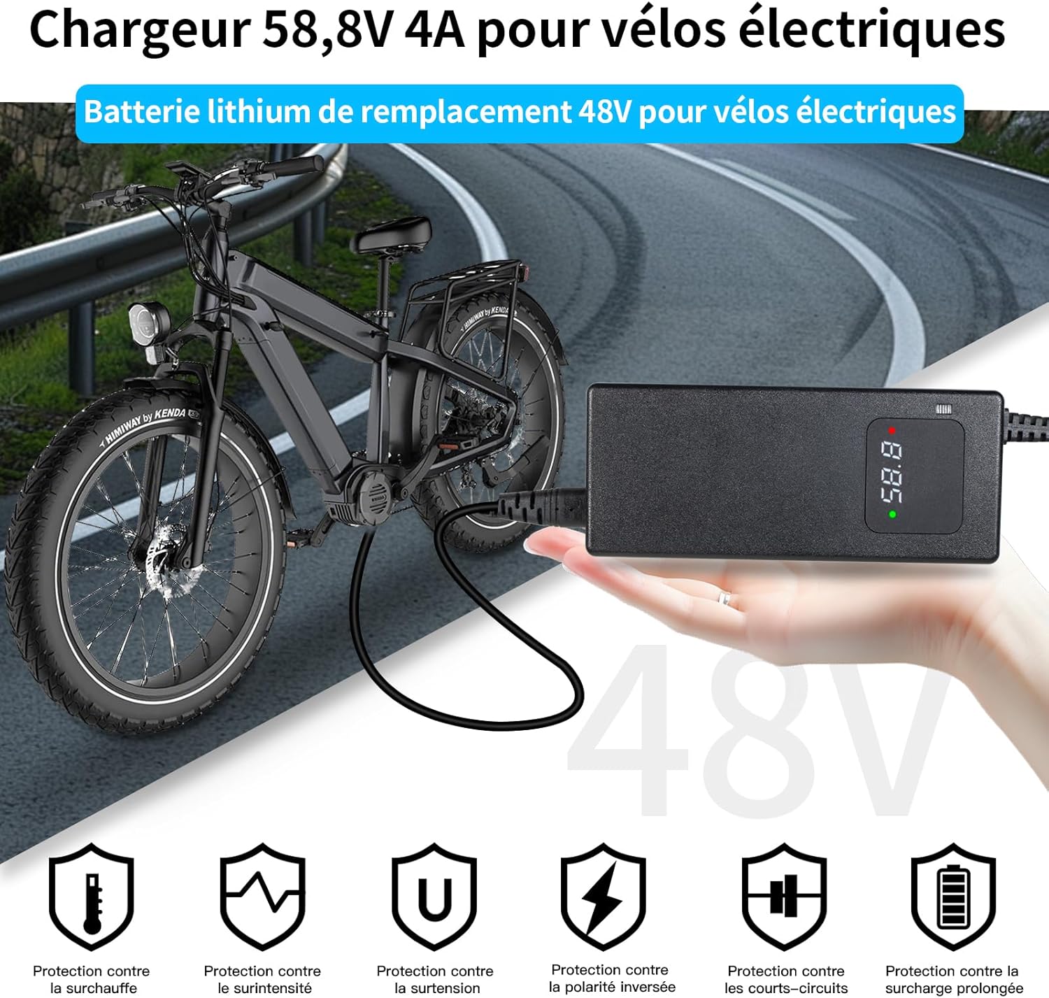 Chargeur 58,8V 2A pour Batterie Lithium-ION 52V – Chargeur Vélo Électrique & Trottinette avec Écran LED