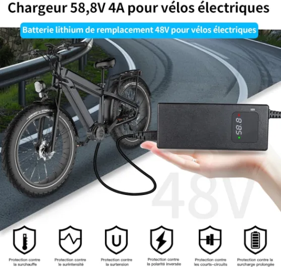 Chargeur 58,8V 2A pour Batterie Lithium-ION 52V – Chargeur Vélo Électrique & Trottinette avec Écran LED