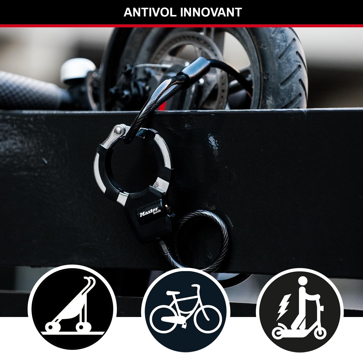 Câble Antivol à Clef avec Menotte, 1m, Idéal pour vélos, trottinettes, poussettes et matériels sportifs Noir