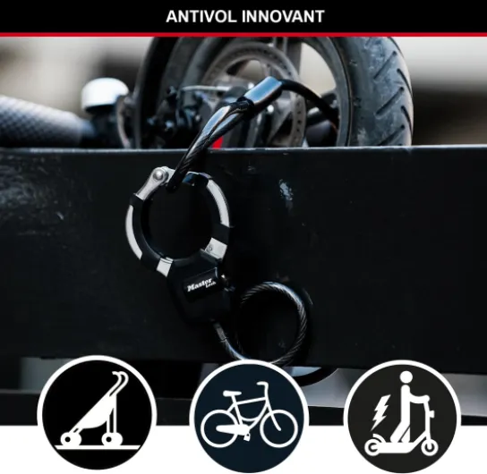 Câble Antivol à Clef avec Menotte, 1m, Idéal pour vélos, trottinettes, poussettes et matériels sportifs Noir