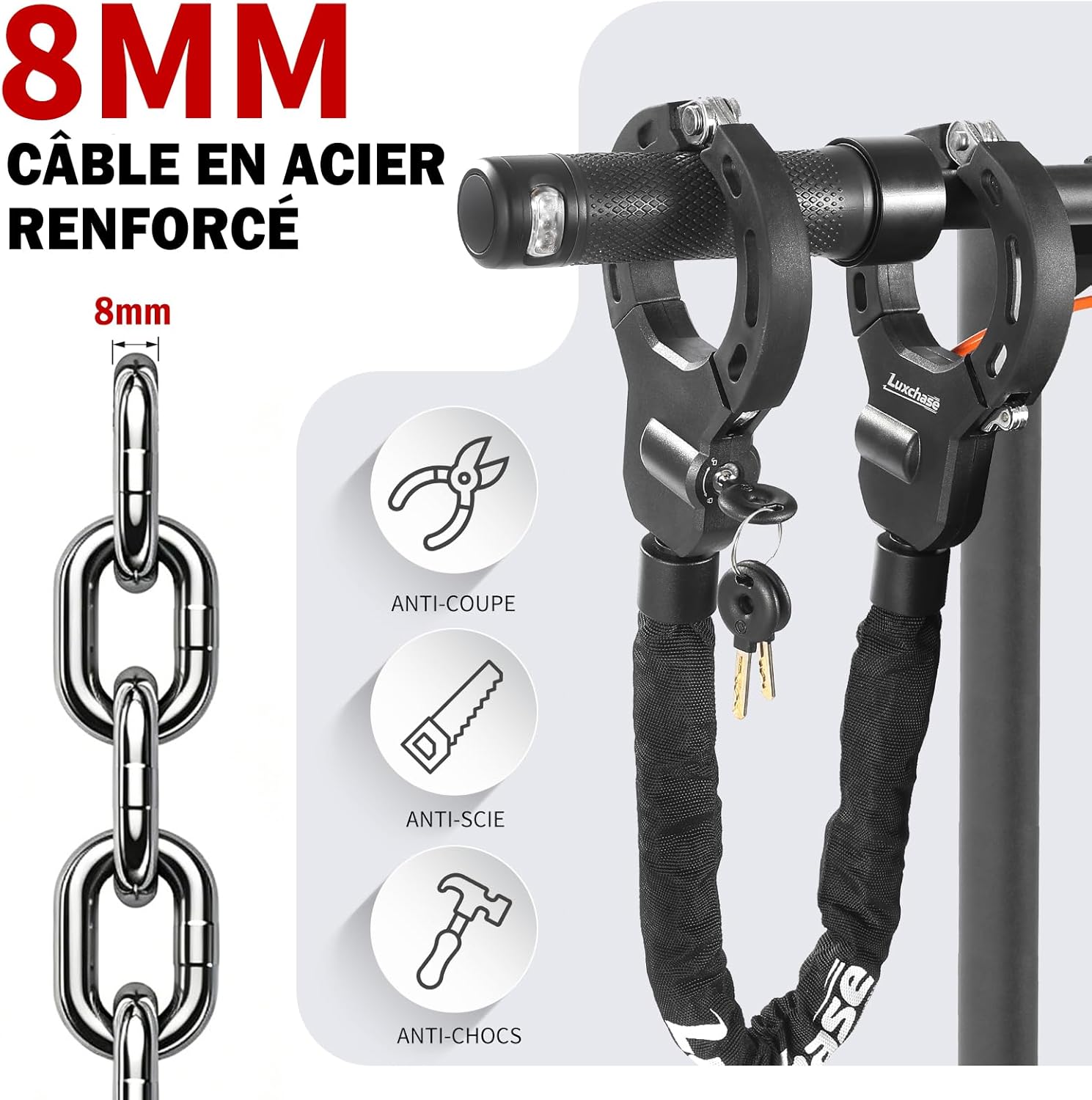 Antivol Trotinette Electrique, Cadenas Trotinette Electrique Haute Sécurité, Menotte Antivol Chaîne Acier Renforcée 8MM, Scooter Électrique, avec Clés et Sac Étanche