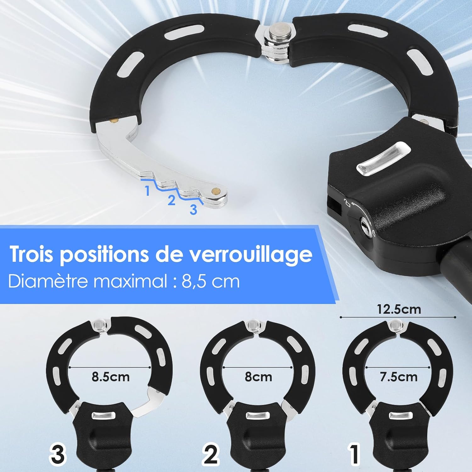 Antivol Menottes Trottinette Électrique, Cadenas Vélo avec Clés, 92 cm, Antivol Haute Sécurité, pour Trottinette Vélo VAE Moto, Bandes Réfléchissantes & Protection Silicone