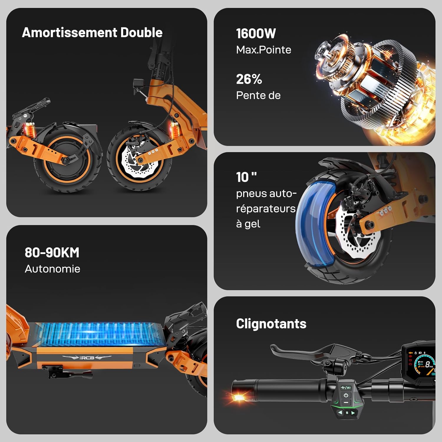 D7/D7 Pro (Ultra) Trottinette Électrique Adulte,NFC/Clignotants/APP, Pente 26%, Moteur 500W Pic 1600W, Autonomie 80-130KM, Batterie 20.8-27Ah, Pneus Gel Auto-Réparants 10 Pouces Noir-orange(D7-NFC-20.8Ah）
