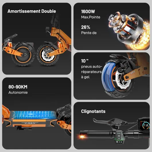D7/D7 Pro (Ultra) Trottinette Électrique Adulte,NFC/Clignotants/APP, Pente 26%, Moteur 500W Pic 1600W, Autonomie 80-130KM, Batterie 20.8-27Ah, Pneus Gel Auto-Réparants 10 Pouces Noir-orange(D7-NFC-20.8Ah）