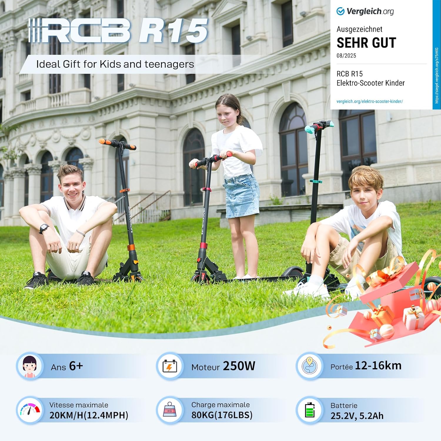 R15 Trottinette électrique Enfants (8-12-16 Ans) - Vitesse Jusqu'à 20 Km/h, Autonomie de 16 Km, Scooter électrique Pliable - Cadeau pour Enfants et Adolescents Noir-Orange