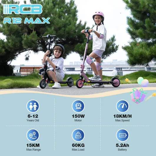 R12 Max Trottinette électrique Enfant âge 6-12 Ans,jusqu'à 18km/h & 15 km,3-Réglage Hauteur,Suspension, 7" Pliable Trottinette Electrique, Lumières colorées, écran LED, Cadeau pour Enfant AA Noir