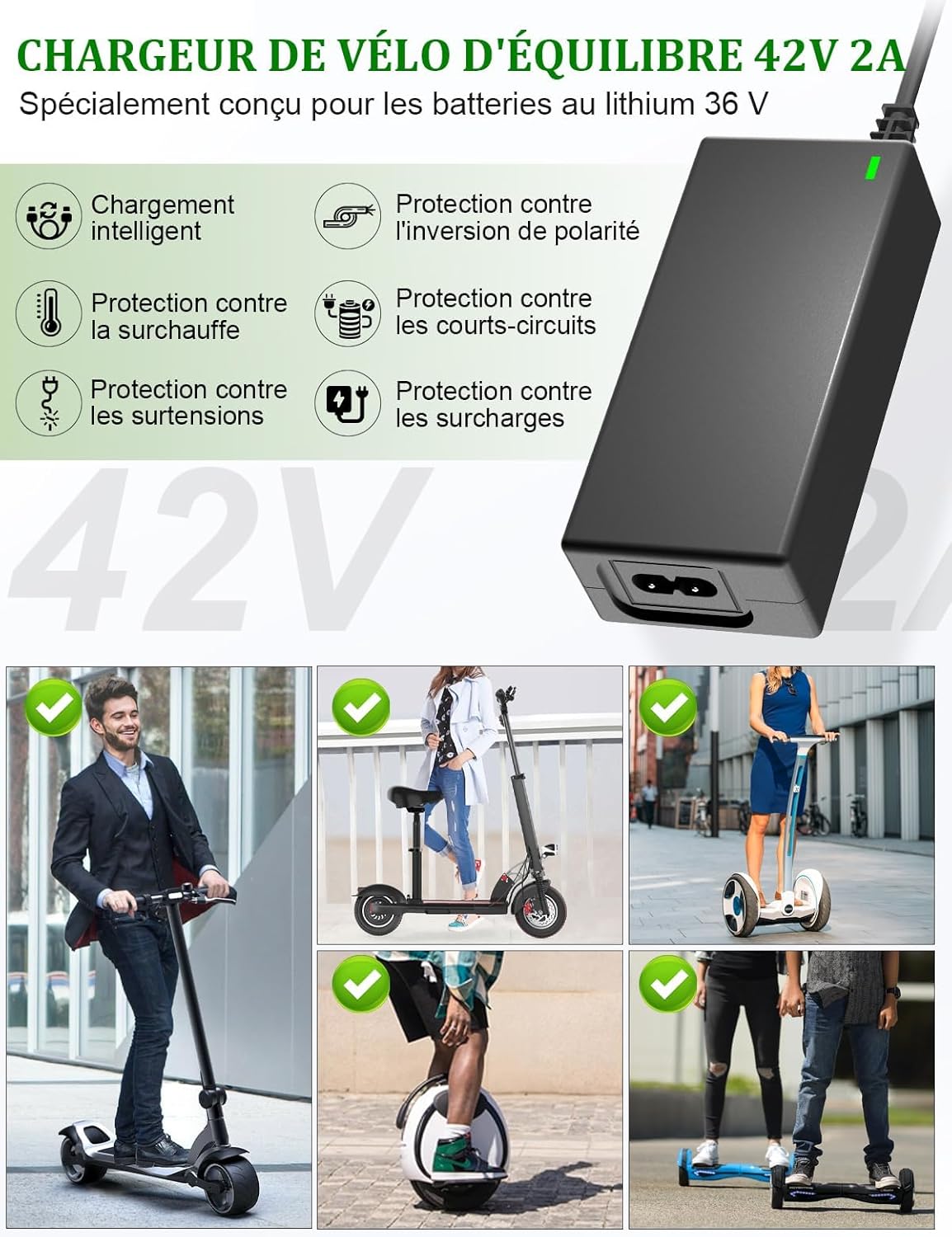 Chargeur Trotinette Electrique, 42V 2A Chargeur Hoverboard 36V Trottinette Batterie avec 4 Connecteurs pour Hoverboard, Scooter Électrique, Planche à Dérive, Xiaomi M365/Pro 2
