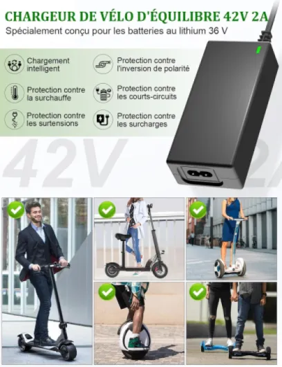 Chargeur Trotinette Electrique, 42V 2A Chargeur Hoverboard 36V Trottinette Batterie avec 4 Connecteurs pour Hoverboard, Scooter Électrique, Planche à Dérive, Xiaomi M365/Pro 2