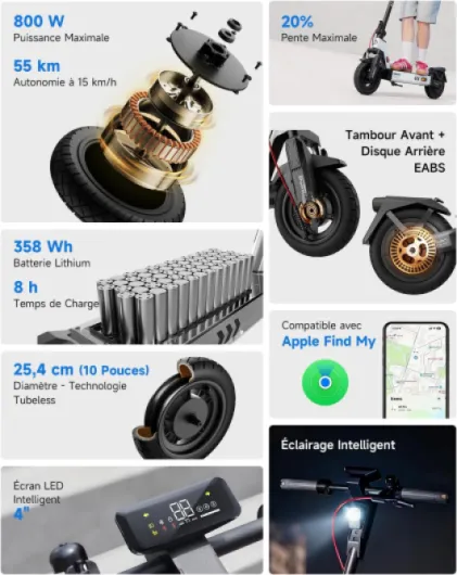 G5/G5 Pro Trottinette Electrique Adult, Moteur Max 800W, Autonomie Longue 45-55km, Pentes 20%, Suspension Damping Arm, Apple Find My, Pneus 10" Tubeless, Contrôle de Traction TCS, Étanche IPX5 G5 Pro-55km