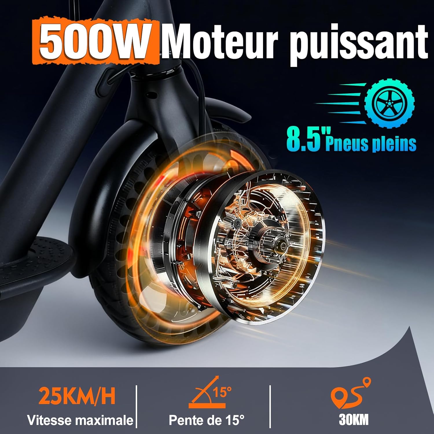 Trottinette Électrique 500W – Moteur Puissant, Batterie 36V 7.5Ah Autonomie 25-30km, Pneus 8.5″ Anti-crevaison, Triple Modes, Freinage Double, Application Connectée, Pliable et Étanche pour Adulte