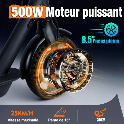 Trottinette Électrique 500W – Moteur Puissant, Batterie 36V 7.5Ah Autonomie 25-30km, Pneus 8.5″ Anti-crevaison, Triple Modes, Freinage Double, Application Connectée, Pliable et Étanche pour Adulte