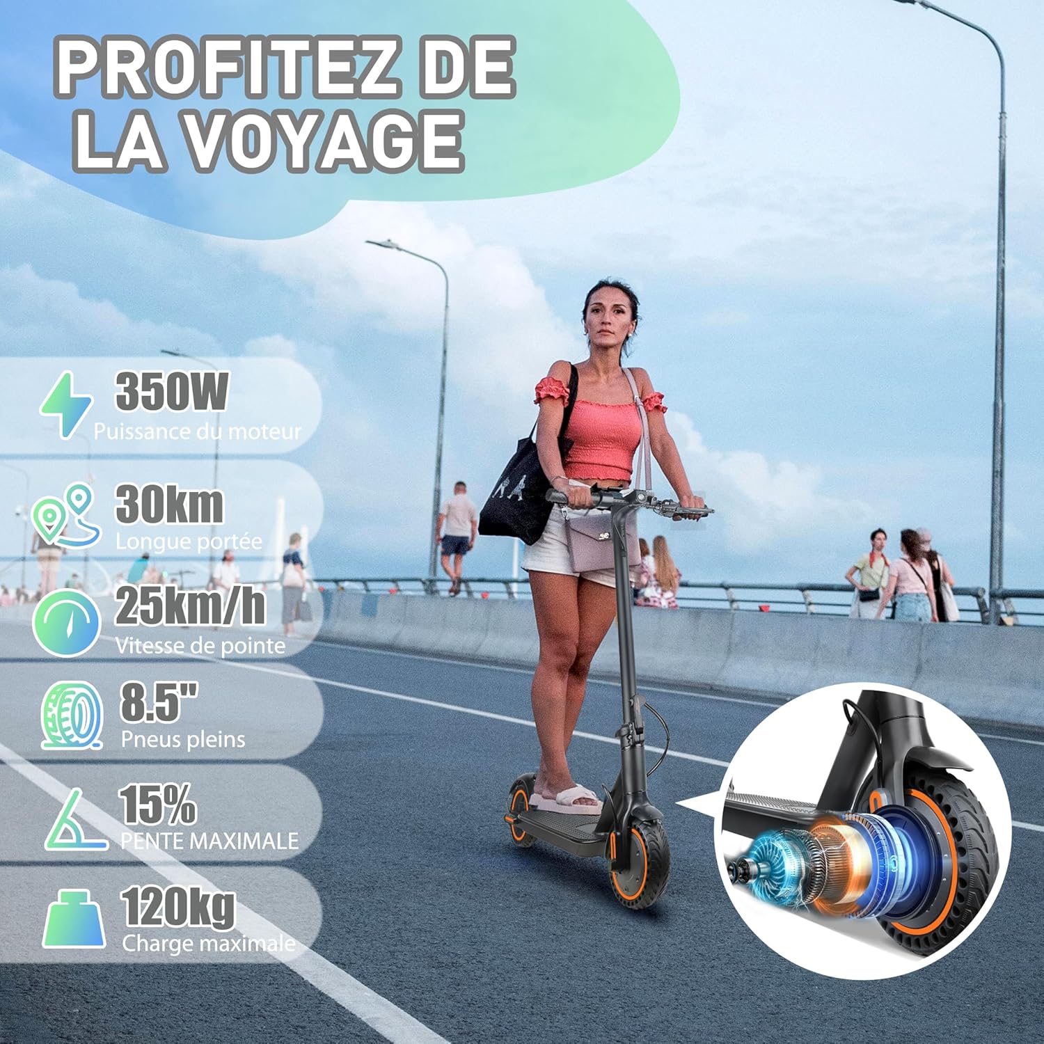 Trottinette Electrique Adulte, Vitesse 25Km/H, Autonomie 30Km, Pneus Pleins de 8,5 Pouces, Trottinette Électrique Pliable avec Moteur 250W, Double Freinage et Contrôle Via APP et Affichage LED
