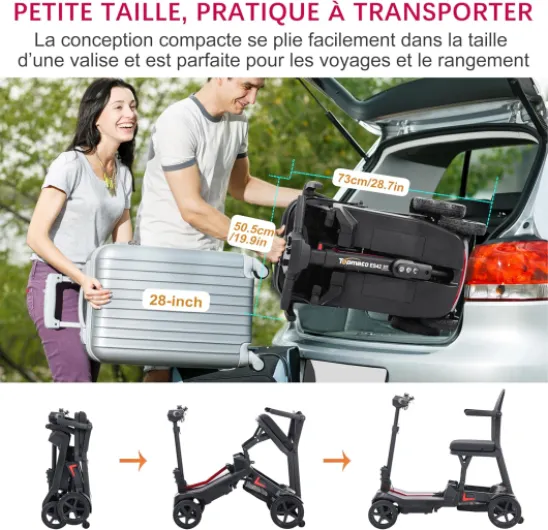Scooter de mobilité Ultra-Compact à Double Batterie pour Seniors et Adultes, TopMate Scooter électrique Pliable 4 Roues léger approuvé pour Voyage en Avion, sans Montage Tout Terrain - Noir Rouge