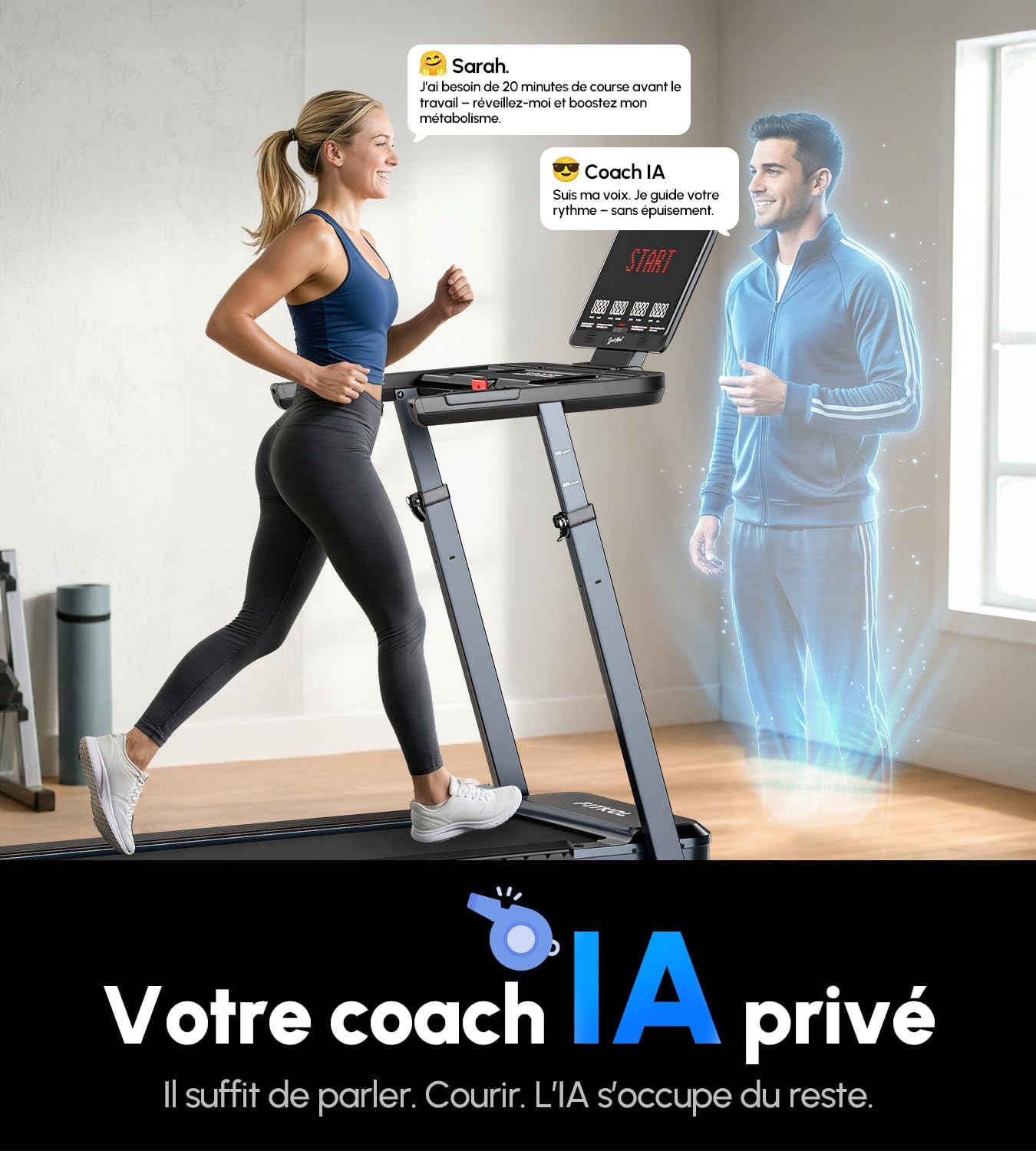 Tapis de Course Adaptatif IA : Vitesse et Inclinaison Automatiques, Coach IA en Temps Réel, Contrôle Cardiaque Intelligent, Moteur 5,0 HP, Charge Max 200 kg, pour Débutants Noir