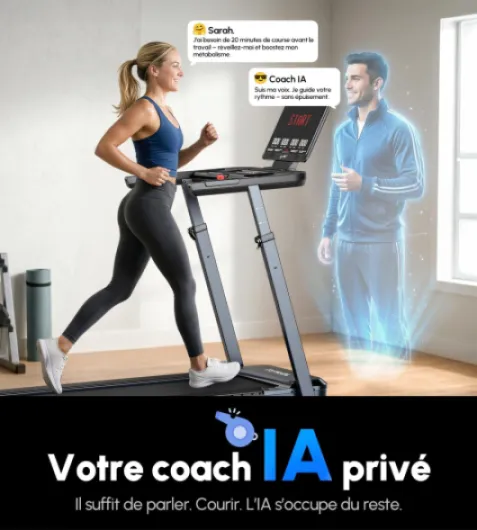 Tapis de Course Adaptatif IA - Vitesse et Inclinaison Automatiques, Coach IA en Temps Réel, Contrôle Cardiaque Intelligent, Moteur 5,0 HP, Charge Max 200 kg, pour Débutants Noir