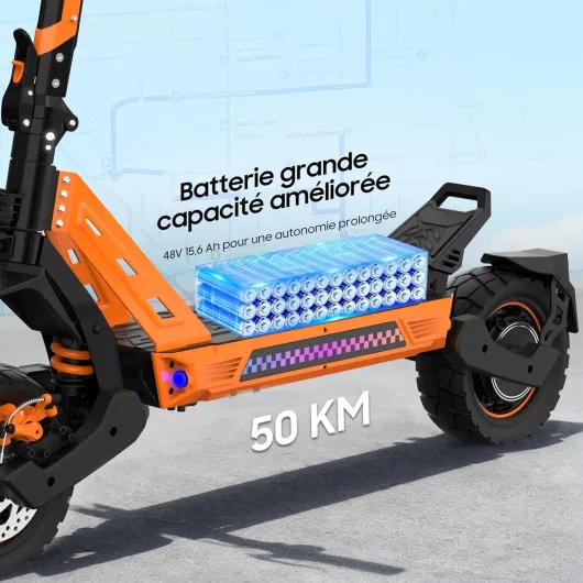 La Trottinette électrique Adulte, Batterie 23,4 Ah (autonomie 85 km), amortisseurs hydrauliques à Bras (Avant/arrière), Propulsion Double + 2 Moteurs, pneus Tout-Terrain 12 Pouces, montée 35° Distance de 50 km - VF3 PRO Orange et Noir