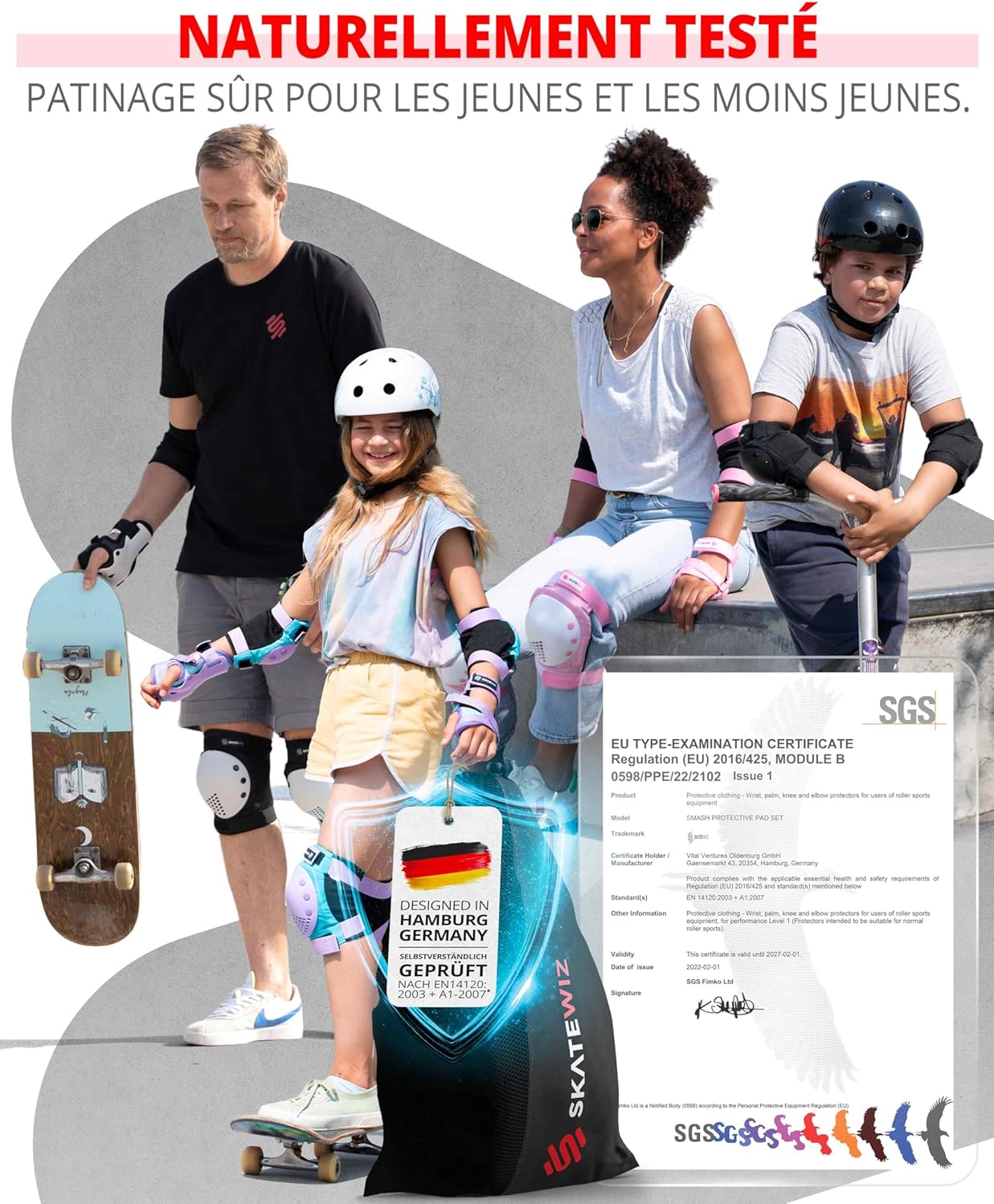 Protection Roller Enfant & Adulte pour Skateboard, BMX, Velo - Smash - Patins à roulettes [6pc] - Genouillère Enfant Skate M/L - Enfants/Adolescents Noir