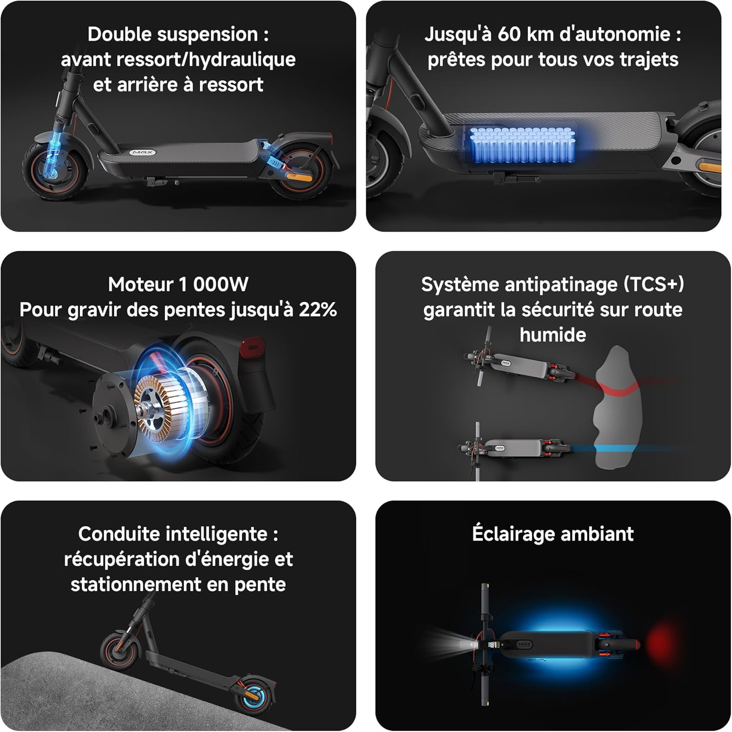 Electric Scooter 5 Max – Double Suspension Avancée (Hydraulique-Ressort Avant & Double Ressort Arrière) – 60km Autonomie – Pneus 10' Tubeless – Moteur 1000W Max – Pente 22% Trottinette Électrique Xiaomi Electric Scooter 5 Max Noir