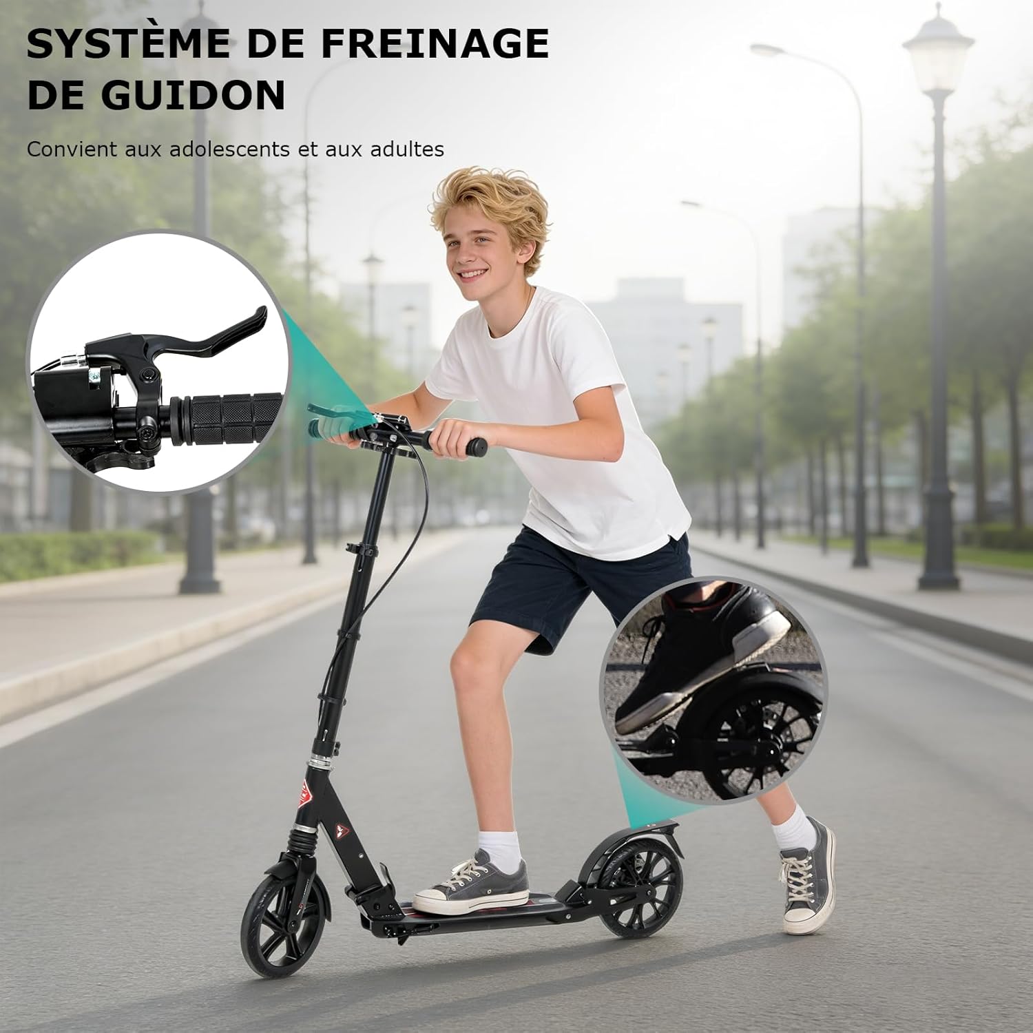 Trottinette Pliable 2 Roues en Aluminium,Hauteur de Guidon Réglable,Double Système d'absorption de Choc & Freinage,Grande Roue avec Pneu Antidérapant,pour Adultes et Adolescents de 12 Ans à 100kg Noir&Rouge
