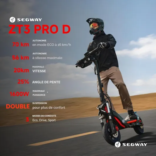 Segway ZT3 Pro D Trottinette électrique avec homologation routière allemande, portée de 70 km, mode éco, 56 km en mode sport, suspension complète, capacité de charge de 120 kg