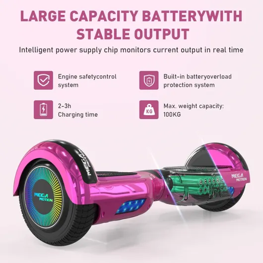 MEGA MOTION Hoverboard, Hoverboards à Deux Roues de 6,5 Pouces avec Haut-Parleur Bluetooth, avec Lumières LED colorées, Cadeau pour Enfants et Adolescents Rose