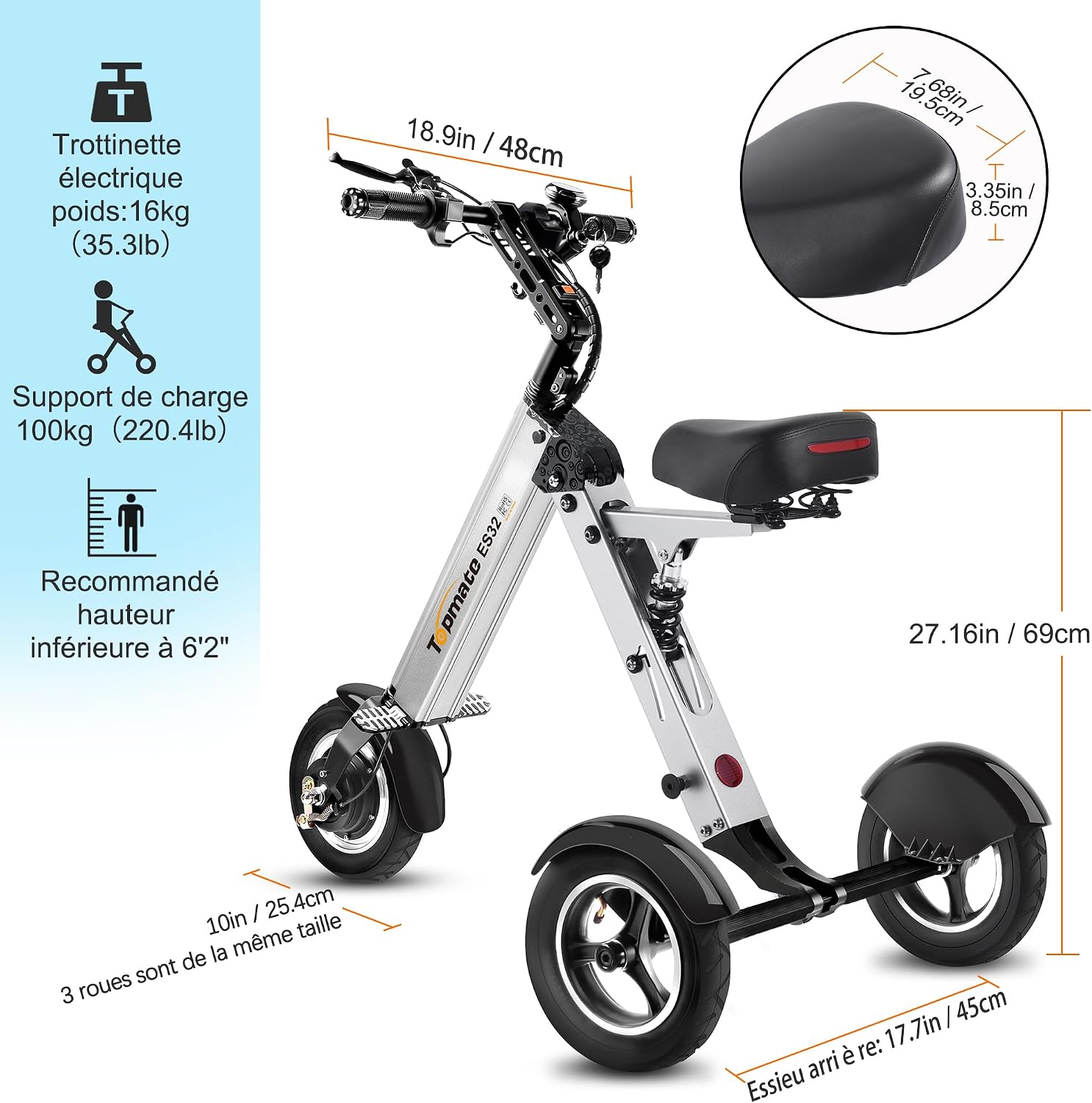 ES32 Tricycle Électrique Adultes Pliable à 3 Roues, Trottinette électrique de Mobilité Légère avec Fonction de Marche Arrière et Interrupteur à Clé, à Pneus 10" pour Trajets & Voyages