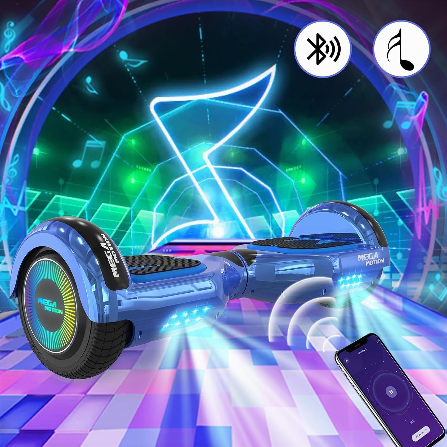 MEGA MOTION Hoverboards avec Hoverkart pour Enfants, Hoverboards à Deux Roues de 6,5 Pouces avec Haut-Parleur Bluetooth, avec Lumières LED, Cadeau pour Enfants Bleu - Noir de carbone