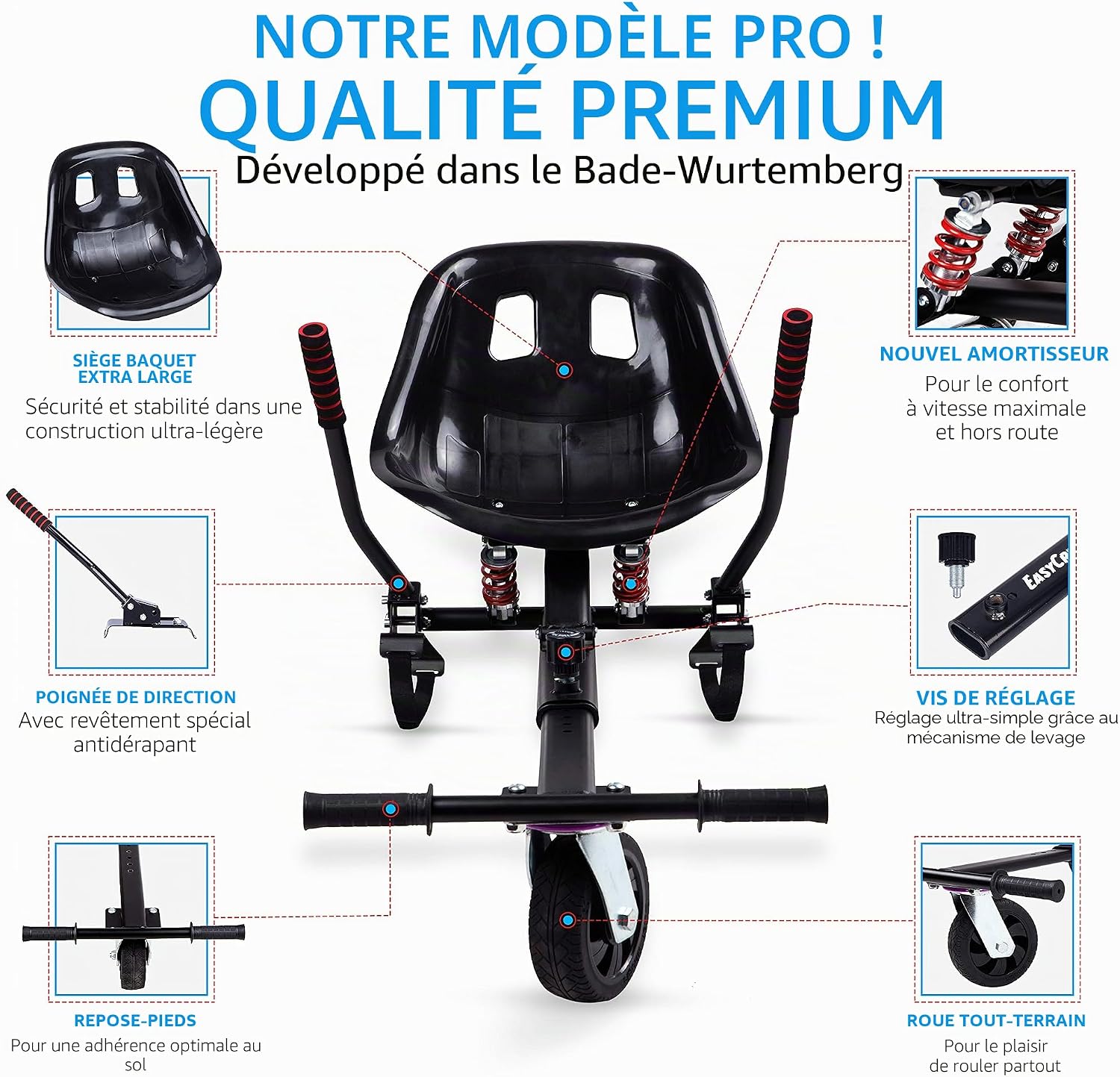 EasyCruiser Pro Siège d'hoverboard haut de gamme avec siège compatible avec 98% des hoverboards 6,5-10" Marque de qualité allemande
