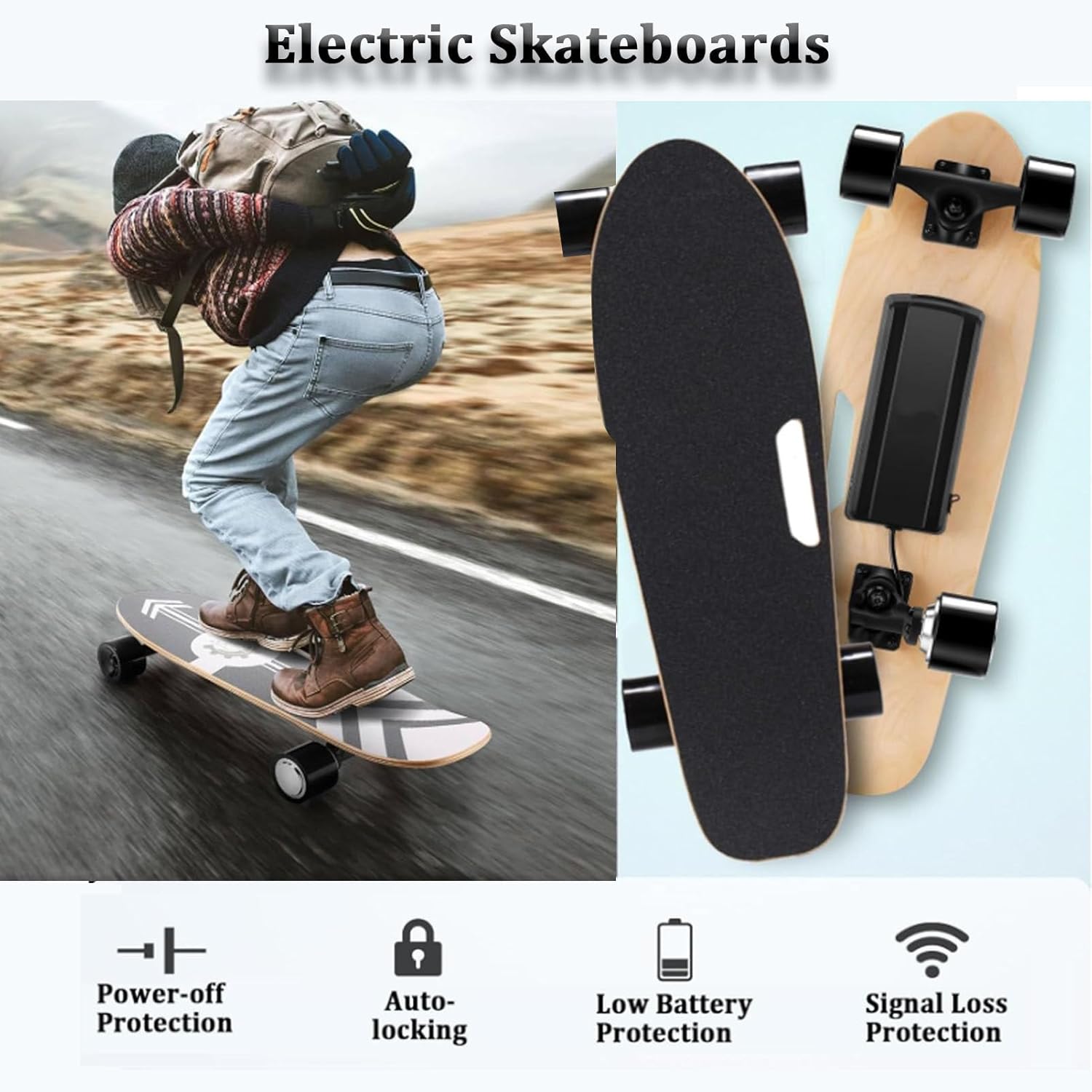 Skateboard électrique avec télécommande, Longboard électrique, Moteur de 350 W intégré à la Roue, Vitesse maximale de 22 km/h, autonomie de 8 km, 3 Vitesses, Charge maximale de 80 kg