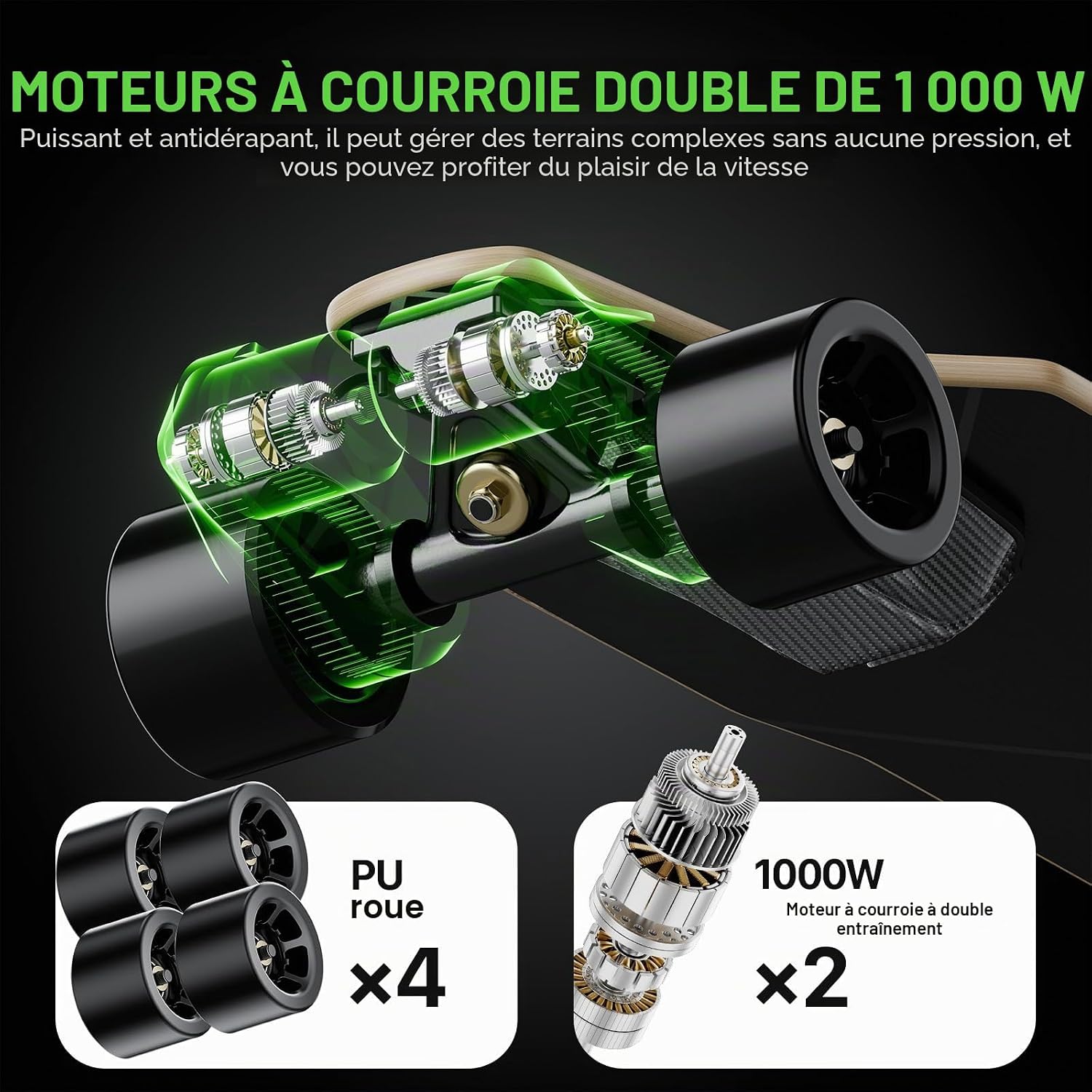 Skateboard électrique pour adultes et adolescents - Moteur 1800 W 4 modes de vitesse - Télécommande avec OLED avec écran - Noir
