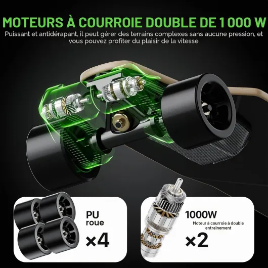 Skateboard électrique pour adultes et adolescents - Moteur 1800 W 4 modes de vitesse - Télécommande avec OLED avec écran - Noir