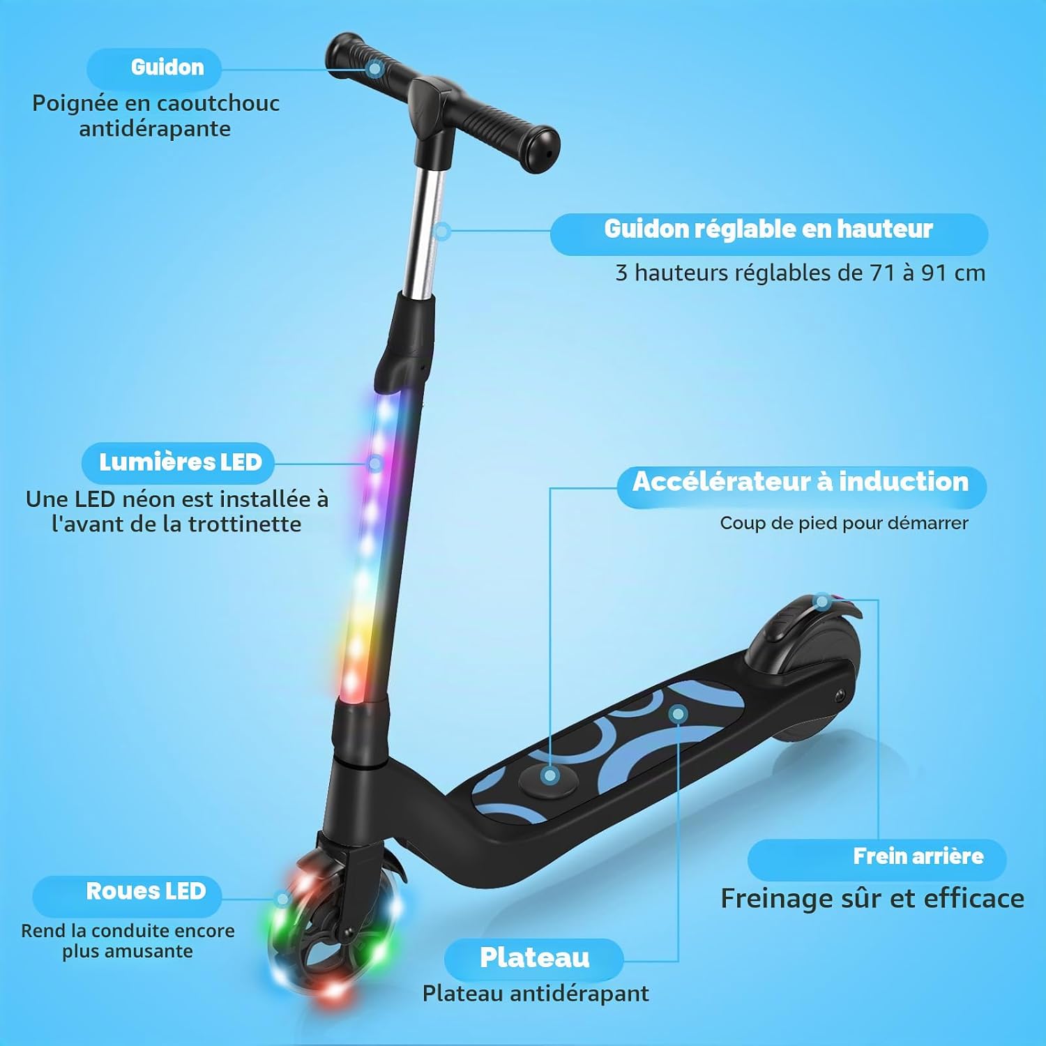 SISIGAD Trottinette électrique pour Enfants de 6 à 12 Ans, 5,3 ", avec lumières LED Clignotantes et 3 hauteurs réglables, Charge maximale de 10 km/h, Moteur 45 W, Charge maximale 70 kg YD531-1 Noir -1