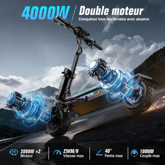 Trottinette Électrique Tout Terrain, Scooter Électrique Adulte, Double Moteur, Batterie 60V 27Ah, Autonomie 120 km, Pneus Tubeless 11 Pouces, Freins Hydrauliques, NFC, Charge Max 150 kg