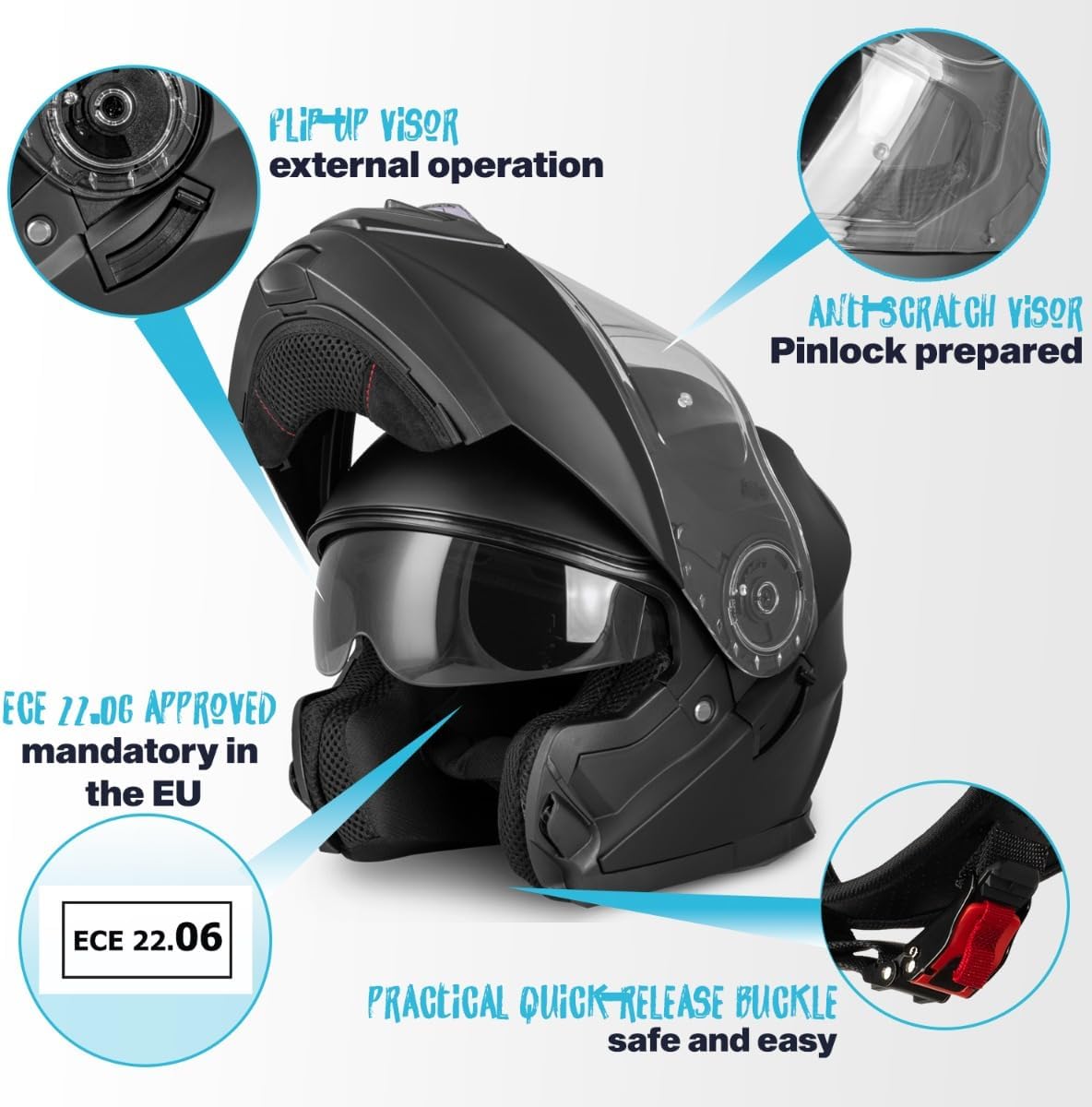 VINZ Santos Casque modulable avec visière Solaire - Homologué ECE 22.06 & Compatible PINLOCK - Casque de Moto intégral - Casque Moto modulable - Tailles XS-XXL Noir Mat S (55 - 56 cm)