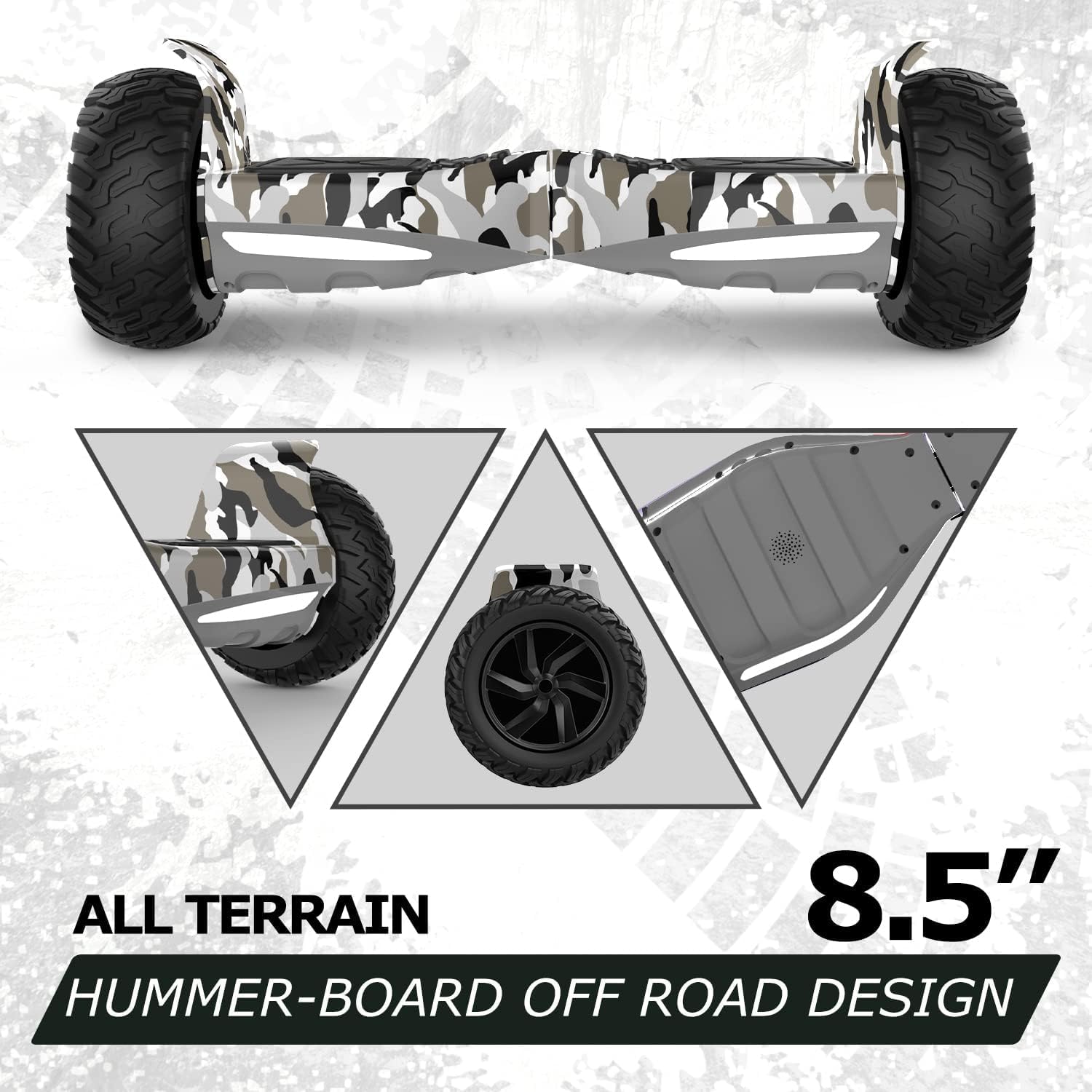Hoverboard SUV Tout-Terrain 8,5 Pouces, Application Mobile, Haut-Parleur Bluetooth, Double Moteur, Lumières LED, Enfants et Adultes Vert militaire