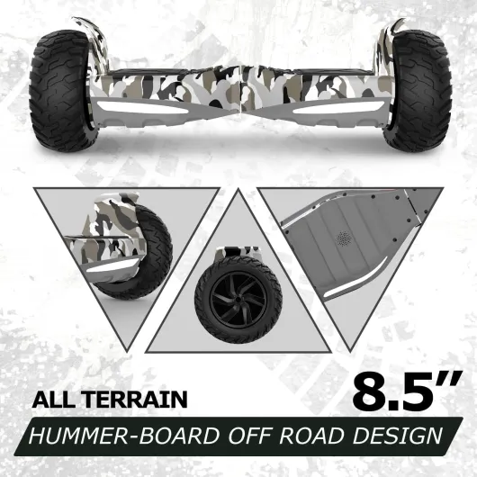 Hoverboard SUV Tout-Terrain 8,5 Pouces, Application Mobile, Haut-Parleur Bluetooth, Double Moteur, Lumières LED, Enfants et Adultes Vert militaire