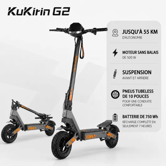 Kukirin G2 Trottinette Electrique Adulte,Autonomie 55KM Batterie 48V 15.6Ah,Trotinette électrique Adulte Pliable,Pneus Tubeless 10 Pouces, Double Suspension, Double Frein à Disque,Charge 120kg